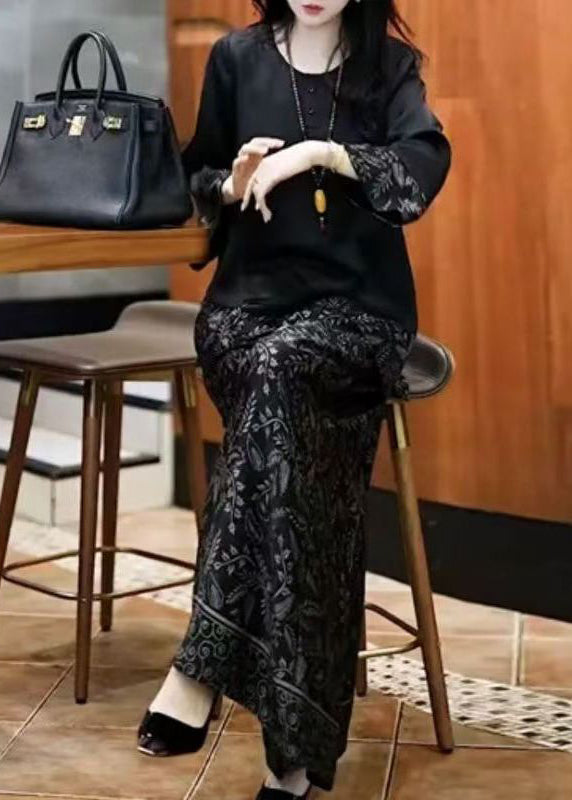 Silk Fall Black O Set Neck French Print Patchwork Two-Piece FashionChic