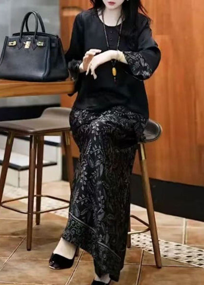 Silk Fall Black O Set Neck French Print Patchwork Two-Piece FashionChic