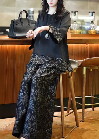 Silk Fall Black O Set Neck French Print Patchwork Two-Piece FashionChic