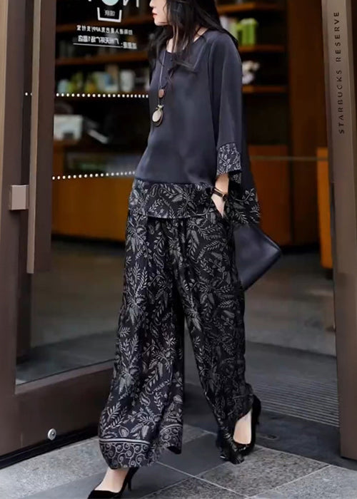 Silk Fall Black O Set Neck French Print Patchwork Two-Piece FashionChic
