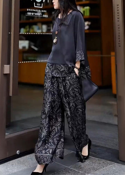 Silk Fall Black O Set Neck French Print Patchwork Two-Piece FashionChic