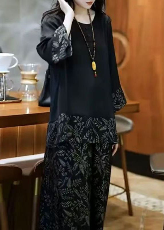 Silk Fall Black O Set Neck French Print Patchwork Two-Piece FashionChic