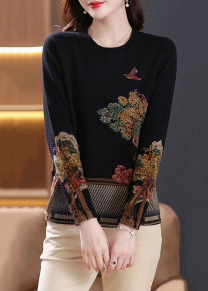 French Black O Neck Print Patchwork Wool Knit Top Spring TB026