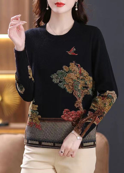 French Black O Neck Print Patchwork Wool Knit Top Spring TB026