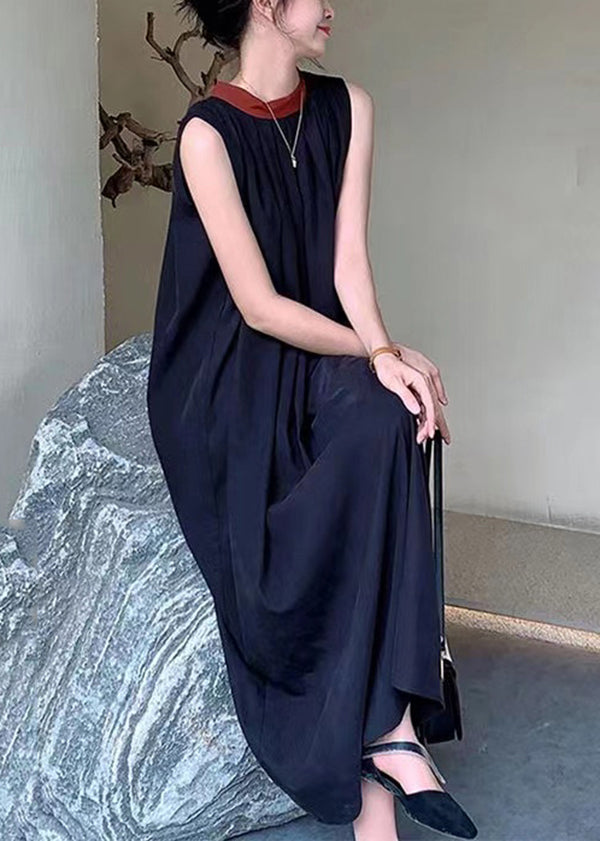 French Black O-Neck Wrinkled Cotton Dresses Sleeveless BV064 MZF-SDL240702