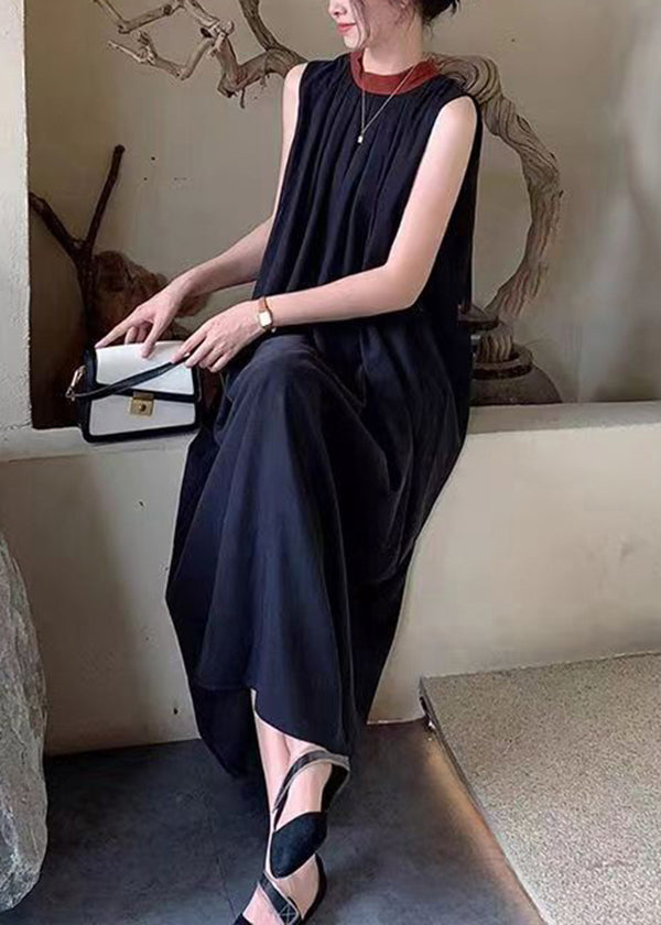 French Black O-Neck Wrinkled Cotton Dresses Sleeveless BV064 MZF-SDL240702