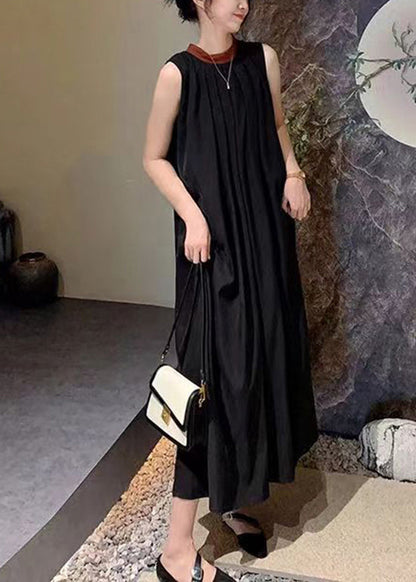 French Black O-Neck Wrinkled Cotton Dresses Sleeveless BV064 MZF-SDL240702