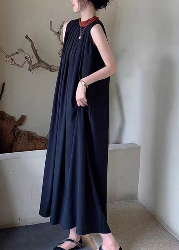 French Black O-Neck Wrinkled Cotton Dresses Sleeveless BV064 MZF-SDL240702