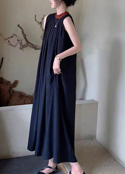 French Black O-Neck Wrinkled Cotton Dresses Sleeveless BV064 MZF-SDL240702