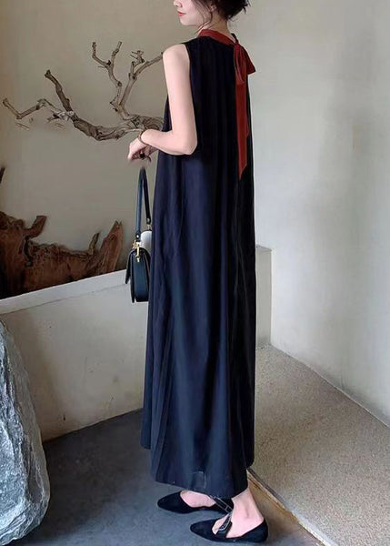 French Black O-Neck Wrinkled Cotton Dresses Sleeveless BV064 MZF-SDL240702