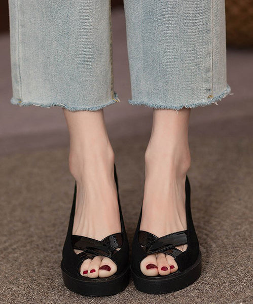 French Black Peep Toe Genuine Leather Platform Heels RT1045 Ada Fashion