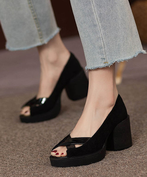 French Black Peep Toe Genuine Leather Platform Heels RT1045 Ada Fashion