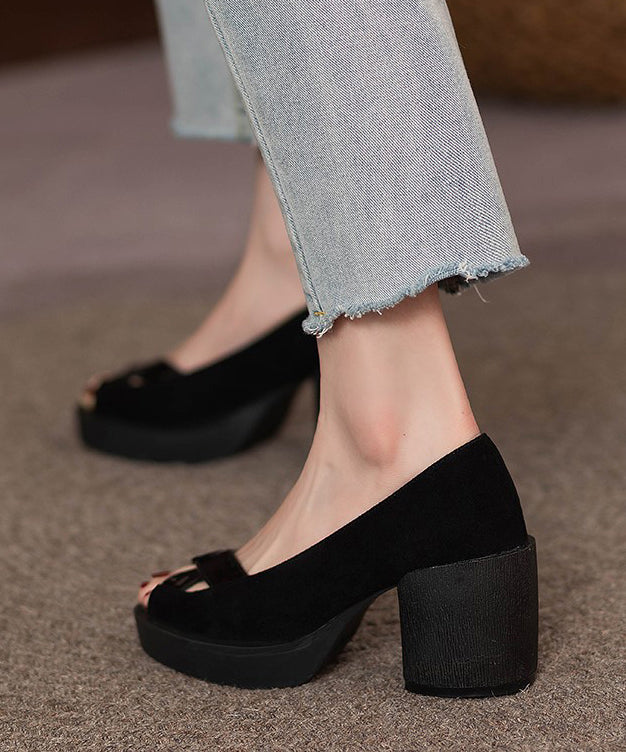 French Black Peep Toe Genuine Leather Platform Heels RT1045 Ada Fashion