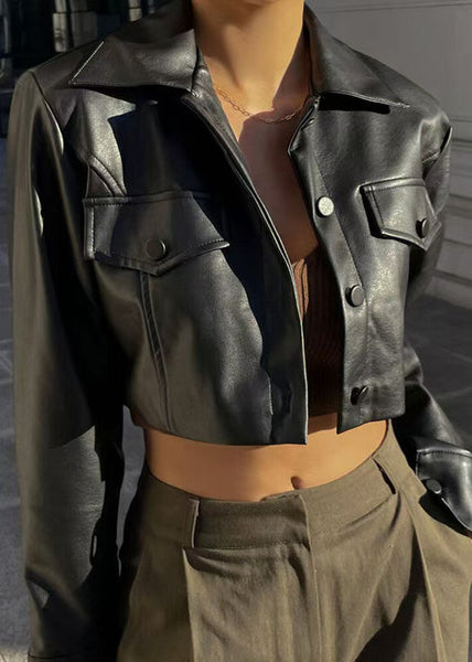 French Black Peter Pan Collar Button Faux Leather Short Coat Spring YZ039 ABC