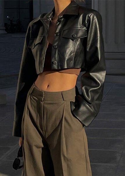 French Black Peter Pan Collar Button Faux Leather Short Coat Spring YZ039 ABC