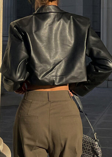 French Black Peter Pan Collar Button Faux Leather Short Coat Spring YZ039 ABC