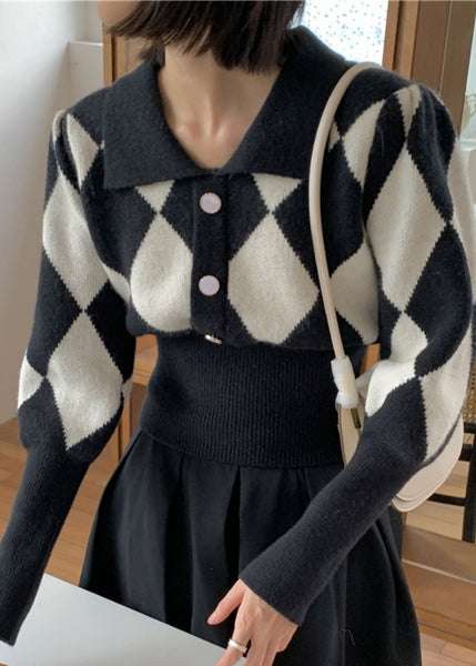 Pulls en maille à carreaux noirs à col Peter Pan, automne TU053