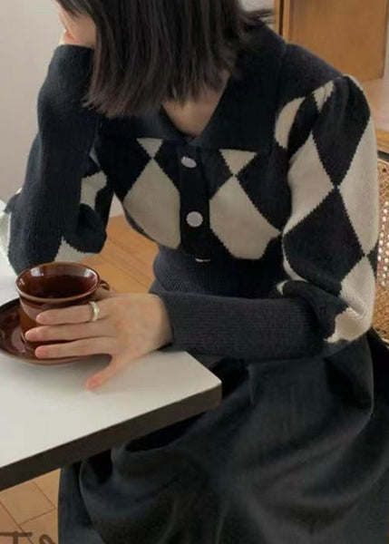 Pulls en maille à carreaux noirs à col Peter Pan, automne TU053