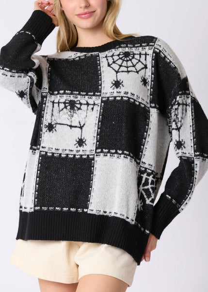French Black Plaid Cozy Patchwork Knit Sweater Fall AE1026 OM-HW240901