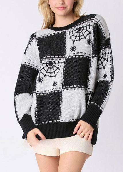 French Black Plaid Cozy Patchwork Knit Sweater Fall AE1026 OM-HW240901