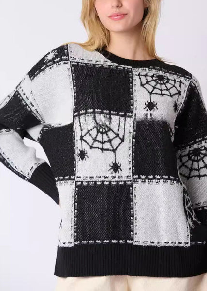 French Black Plaid Cozy Patchwork Knit Sweater Fall AE1026 OM-HW240901
