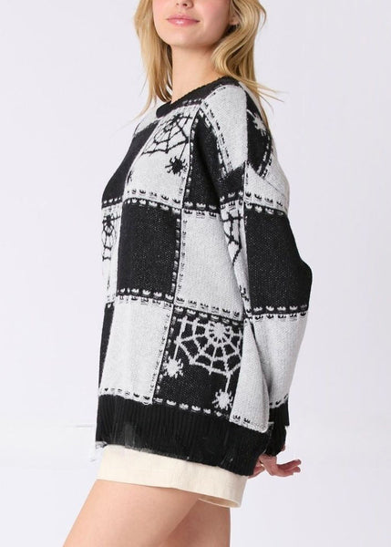 French Black Plaid Cozy Patchwork Knit Sweater Fall AE1026 OM-HW240901