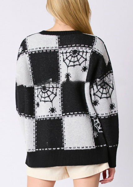 French Black Plaid Cozy Patchwork Knit Sweater Fall AE1026 OM-HW240901