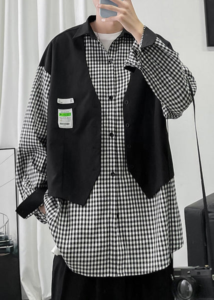 Two Plaid False Men Cotton French Shirts Patchwork Black Pieces FashionChic