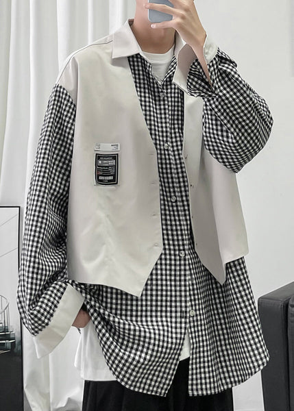 Two Plaid False Men Cotton French Shirts Patchwork Black Pieces FashionChic