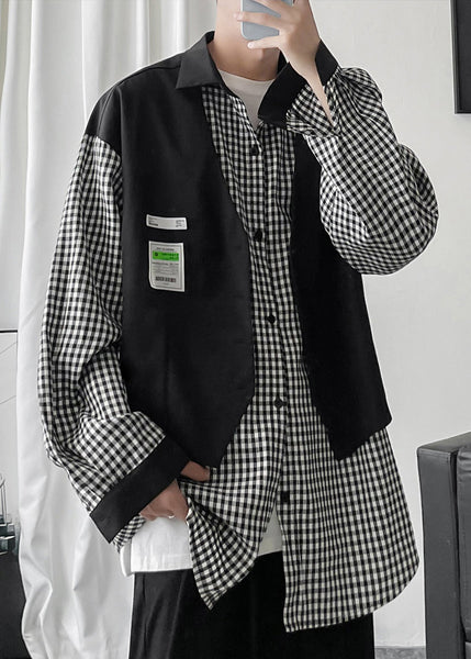 Two Plaid False Men Cotton French Shirts Patchwork Black Pieces FashionChic