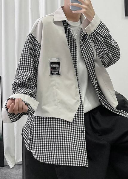 Two Plaid False Men Cotton French Shirts Patchwork Black Pieces FashionChic
