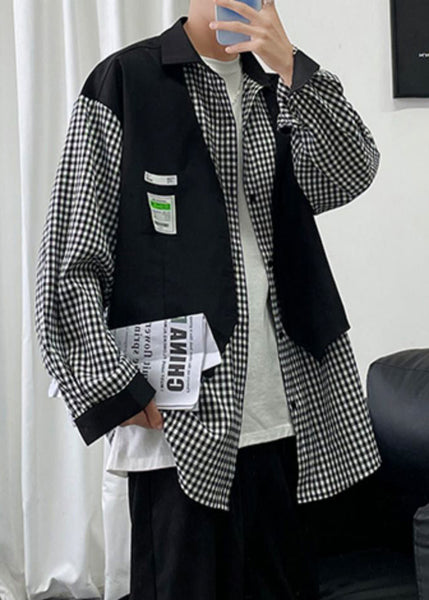 Two Plaid False Men Cotton French Shirts Patchwork Black Pieces FashionChic