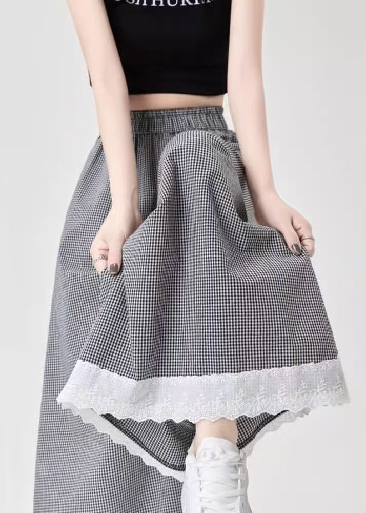 French Leg Lace Wide Cotton Patchwork Summer Pants Black Plaid FashionChic