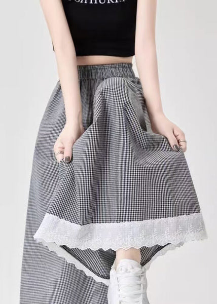 French Leg Lace Wide Cotton Patchwork Summer Pants Black Plaid FashionChic