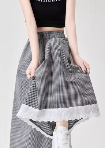 French Leg Lace Wide Cotton Patchwork Summer Pants Black Plaid FashionChic