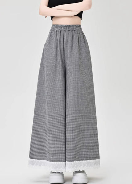 French Leg Lace Wide Cotton Patchwork Summer Pants Black Plaid FashionChic