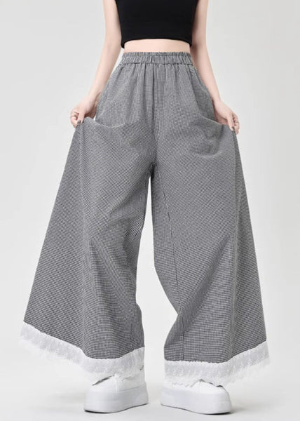 French Leg Lace Wide Cotton Patchwork Summer Pants Black Plaid FashionChic
