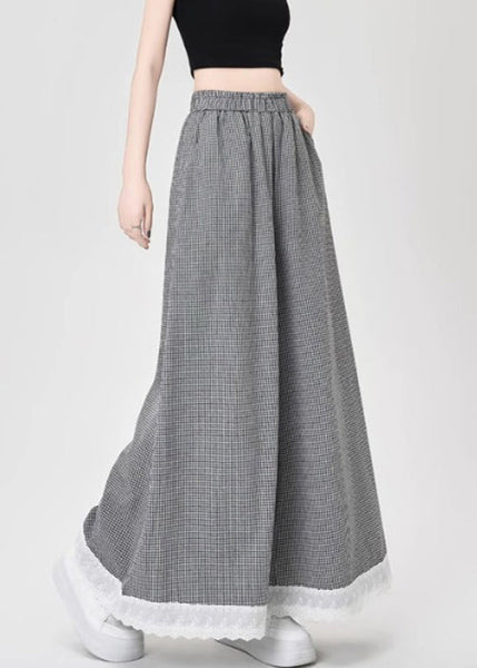 French Leg Lace Wide Cotton Patchwork Summer Pants Black Plaid FashionChic