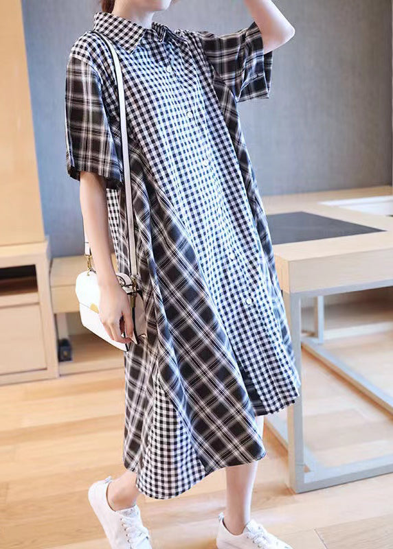 French Black Plaid Patchwork Button Long Shirts Dresses Short Sleeve GH1030 Ada Fashion