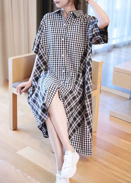 French Black Plaid Patchwork Button Long Shirts Dresses Short Sleeve GH1030 Ada Fashion
