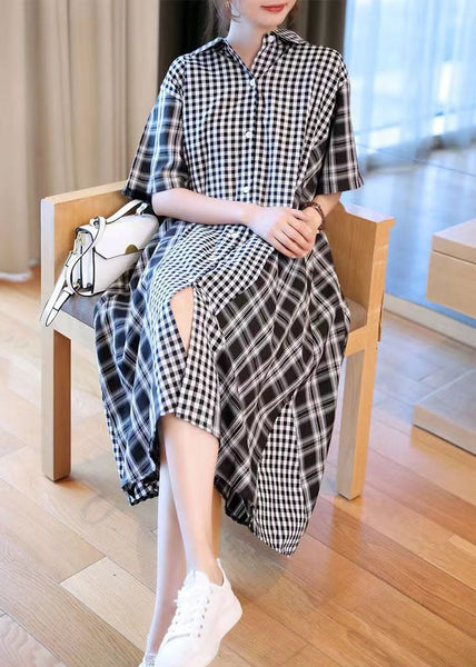 French Black Plaid Patchwork Button Long Shirts Dresses Short Sleeve GH1030 Ada Fashion