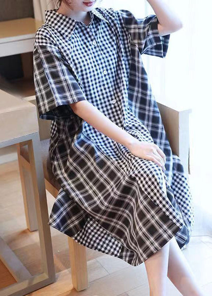 French Black Plaid Patchwork Button Long Shirts Dresses Short Sleeve GH1030 Ada Fashion