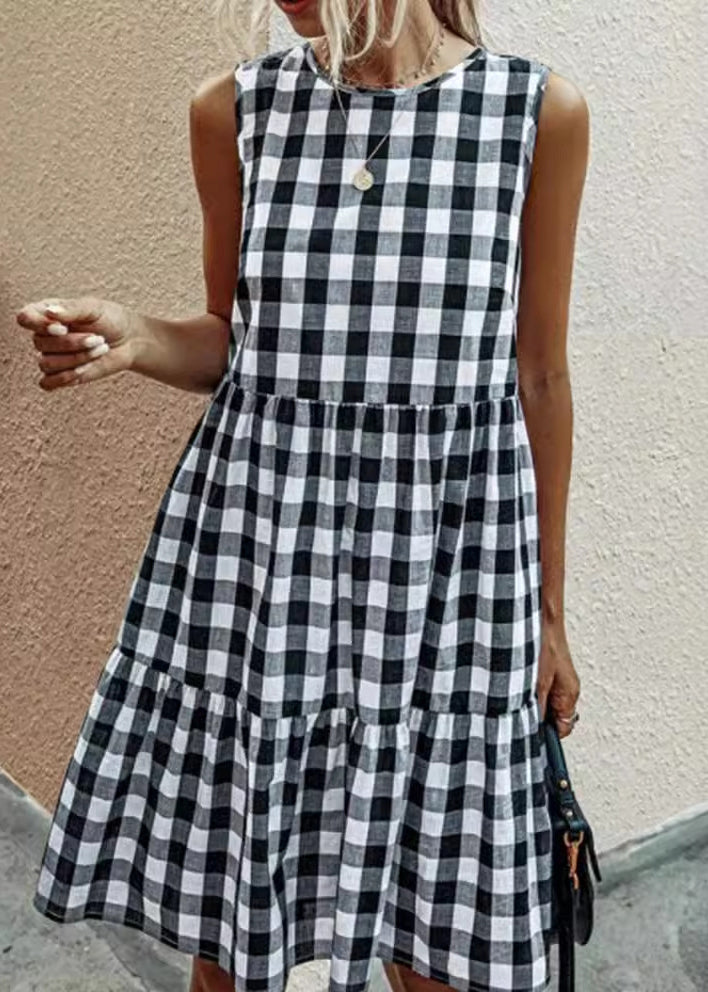 Pockets Black Dress Cotton Sleeveless Plaid French FashionChic