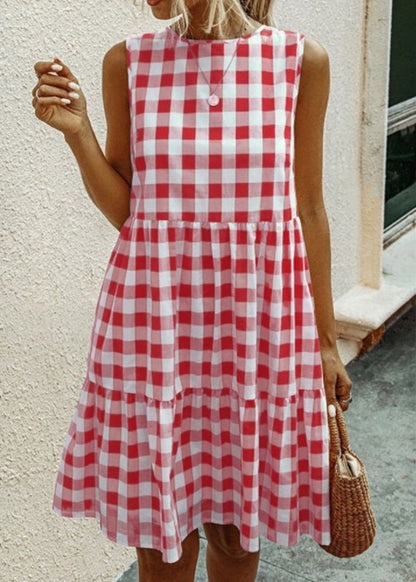 Sleeveless French Black Pockets Plaid Dress Cotton FashionChic