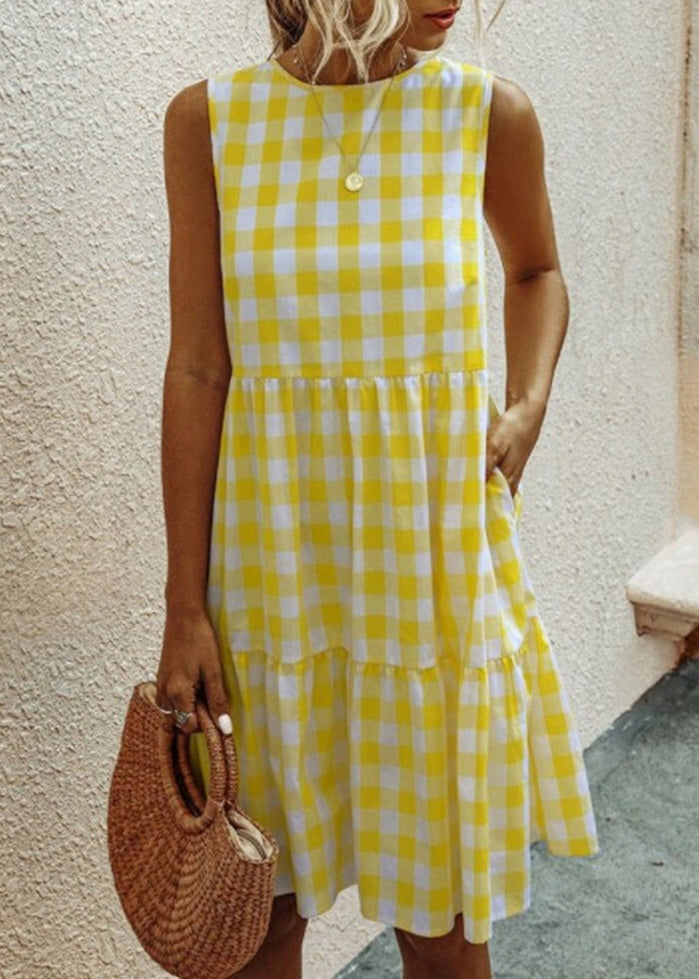 Sleeveless French Black Pockets Plaid Dress Cotton FashionChic