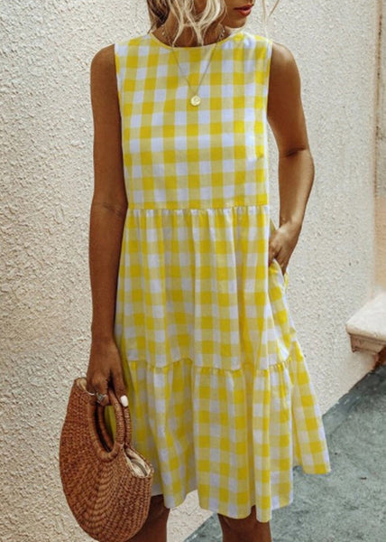 Pockets Black Dress Cotton Sleeveless Plaid French FashionChic