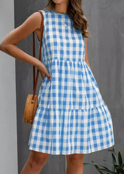 Sleeveless French Black Pockets Plaid Dress Cotton FashionChic