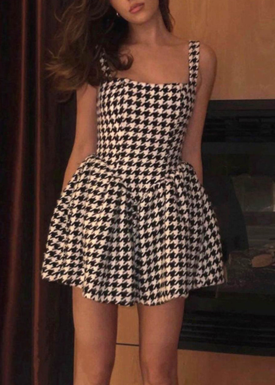 Mini Zippered Dresses Black Plaid French Sleeveless Cotton FashionChic