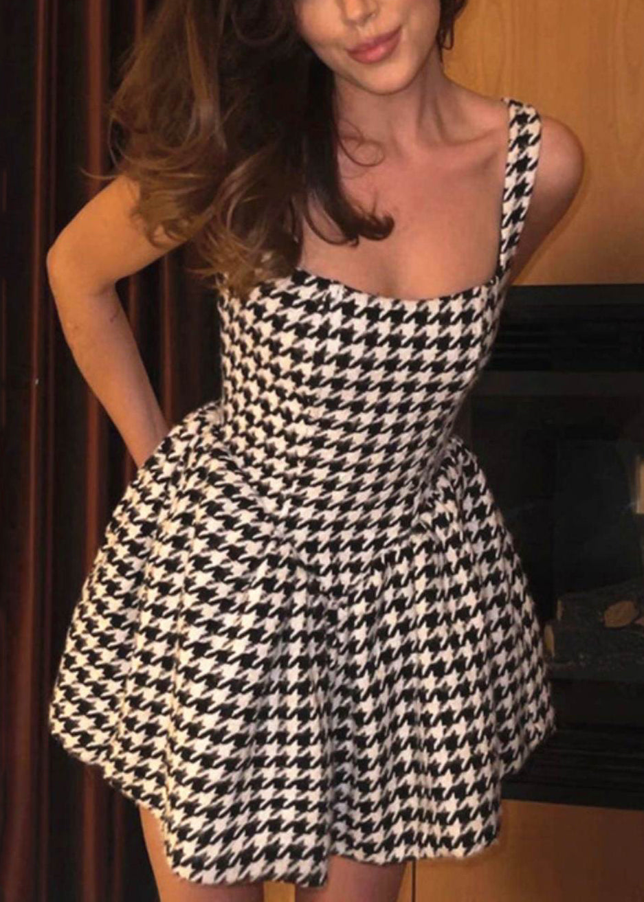 Mini Zippered Dresses Black Plaid French Sleeveless Cotton FashionChic