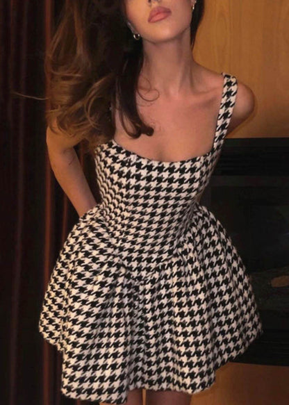 Mini Zippered Dresses Black Plaid French Sleeveless Cotton FashionChic